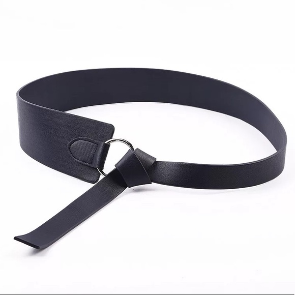 Stylish Black Semi Shine Faux Leather Loop Tie Belt - Picture 3 of 4